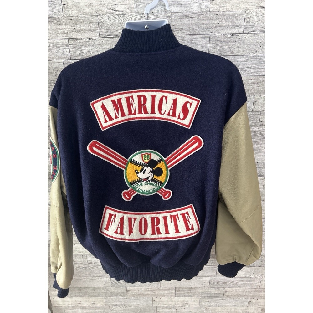 90's Disney Mickey Inc USA Slugger Americas Fav Wool Leather Satin Jacket Mens L